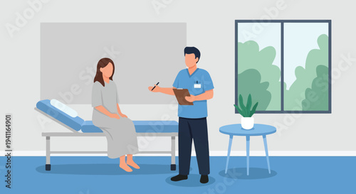Medical consultation scene with female patient and male nurse or doctor in hospital room