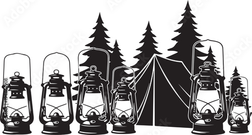 Camping lanterns and tent in the forest at night