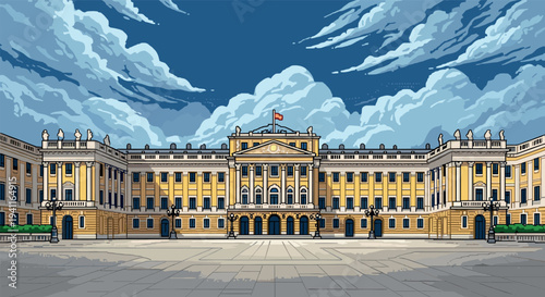 Grand palace with majestic sky in pixel art style, capturing classic architecture and vibrant atmosphere