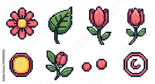 Retro pixel art floral icons: vibrant retro flower designs with leaf accents