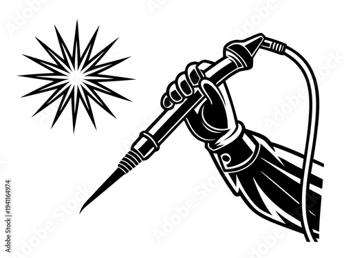 MIG Welding Torch Icon – Vector Illustration of Gloved Hand with Sparks