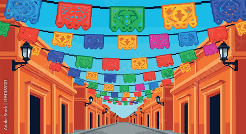 Festive street with colorful papel picado in vibrant pixel art style