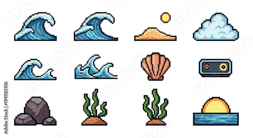 Retro pixel icons: waves, sea shells, and landscapes in 8-bit style
