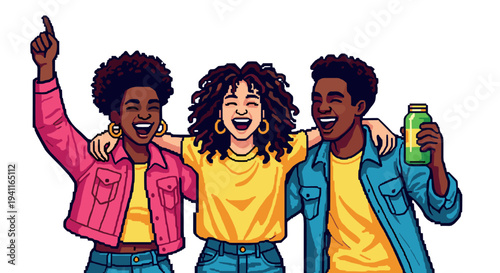 Vibrant friends celebrating and smiling in colorful pixel art