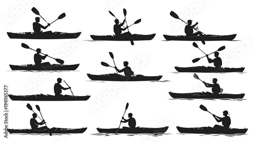 Kayak Silhouette Set – People Paddling Canoe Water Sport Vector
