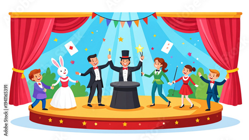 Cartoon Magician Performing Magic Trick – Rabbit in Hat Stage Show