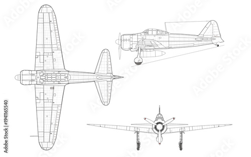 零式艦上戦闘機21型（A6M2b）三面図