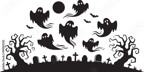 Halloween scene with bats flying over a spooky graveyard