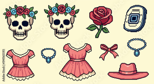 Pixel art skulls, fashion, and floral accessories collection