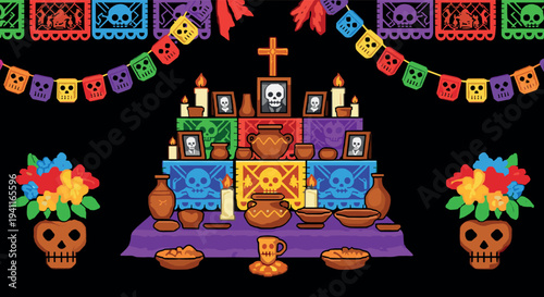 Vibrant day of the dead altar with colorful offerings and decorations in pixel art style