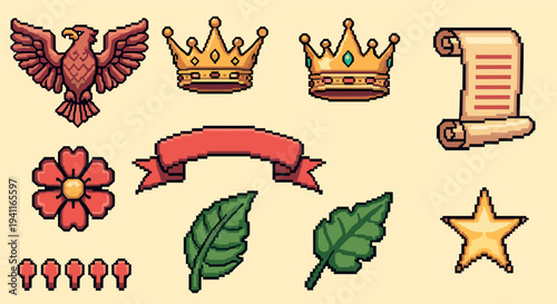 Retro pixel art icons: crowns, scroll, and more in 8-bit style
