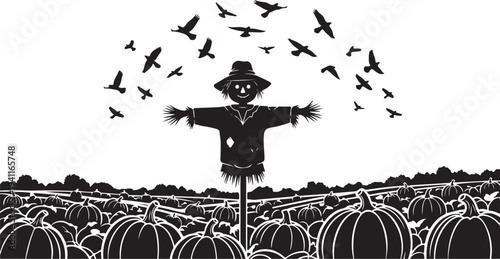 Scarecrow standing in a pumpkin patch with flying birds