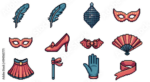 Retro pixel art icons: feathers, masks, and accessories for festive occasions