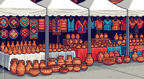 Pixel art marketplace with colorful traditional pottery and textiles