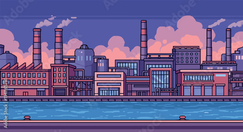 Retro style industrial cityscape at dusk with smoke stacks and river