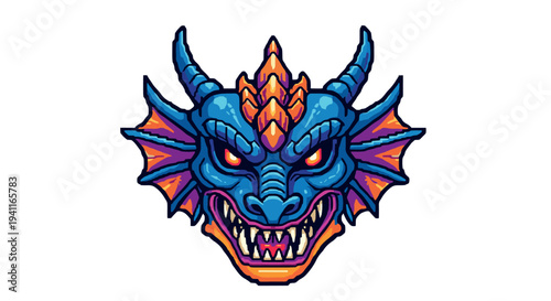 Colorful retro dragon head with bold features and fiery eyes
