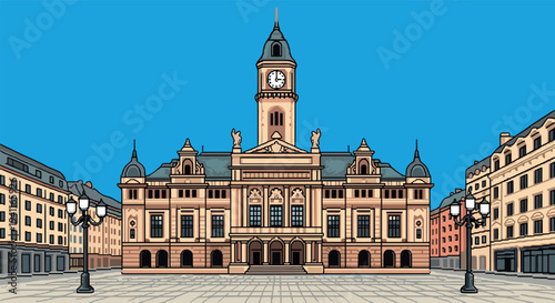 Historic city hall with clock tower in hand-drawn style against clear blue sky