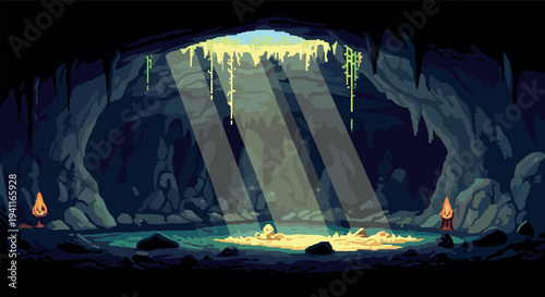 Pixel art cave with sunlight rays and ancient torches