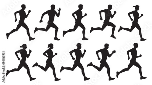 Silhouette of people running in various poses, showcasing different stages of a runners stride, ideal for fitness and sports themes