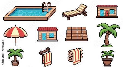 Retro pixel art poolside collection with various beach accessories and plants
