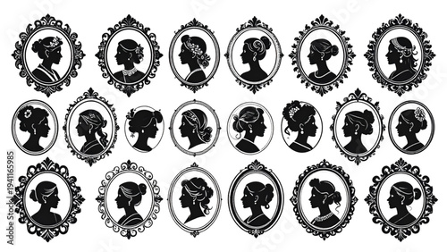 Victorian Female Silhouette Portraits – Ornate Oval Frame Cameo Vector Set