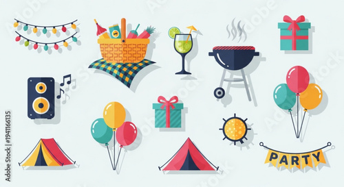 Colorful party icons including gifts tents balloons grill and picnic basket on white background for festive celebrations