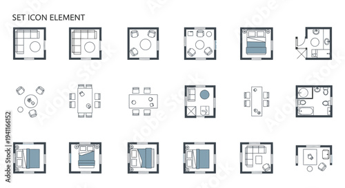 minimalist floor plan icons illustrating various room layouts and furniture arrangements for modern interior design and architectural projects