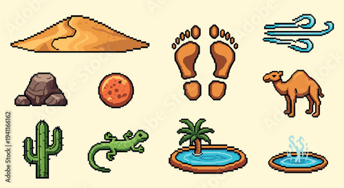 Retro desert icons set: cactus, camel, and oasis in pixel art style