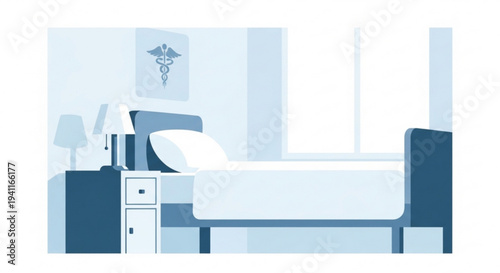 Hospital bed with nightstand and medical symbol on wall in blue tones healthcare concept