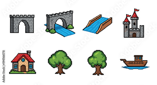 Pixel art medieval scene with bridges, castle, trees, and boat