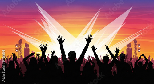 Silhouette of a lively crowd with raised hands enjoying a vibrant outdoor music festival at sunset with colorful sky