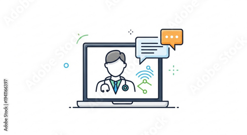 Telemedicine doctor on laptop screen with chat bubbles and wi fi symbol for online healthcare consultation
