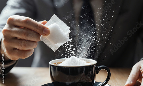 Sugar pouring packet, hand tearing open white sweetener above coffee cup, action macro shot with powder particles