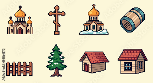 Retro pixel art set: churches, nature, and rustic icons in classic style