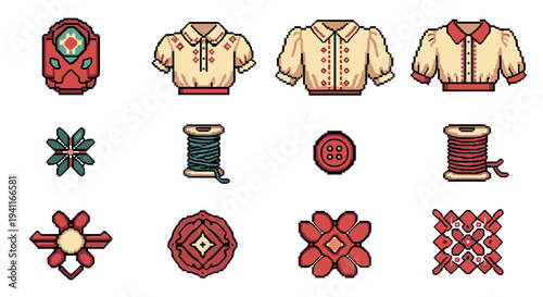 Traditional pixel art embroidery motifs with blouses and craft elements