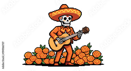 Pixel art skeleton musician with sombrero and guitar surrounded by orange marigolds