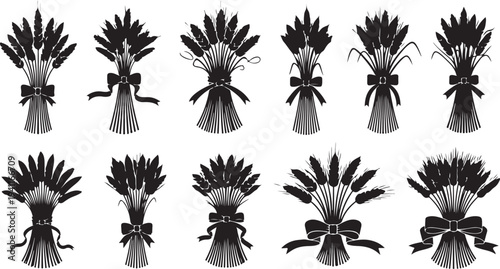 Collection of decorative bouquets with feathers and ribbons arranged