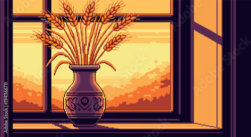 Retro pixel art vase with wheat by sunny evening window