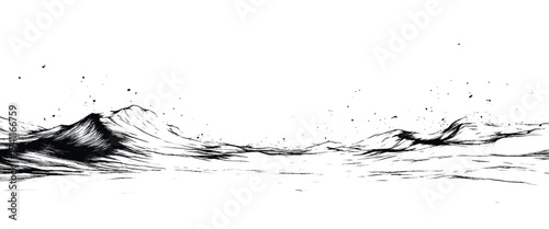 Black and white abstract painting of mountain peaks and water waves