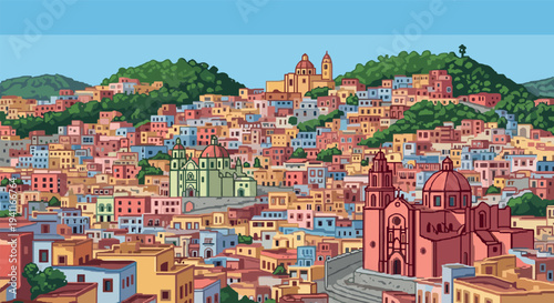 Colorful pixel cityscape with hills and diverse architecture