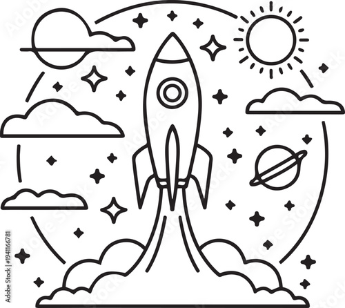 Rocket Launch Line Art Minimalist Space Illustration Vector Design

