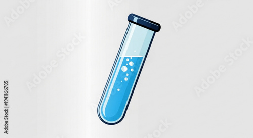 Blue liquid in a test tube with bubbles on a plain background laboratory concept