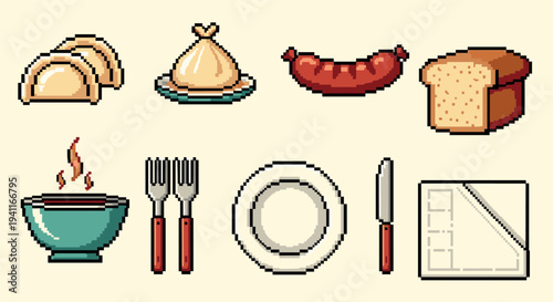 Retro pixel art collection featuring food and dining essentials