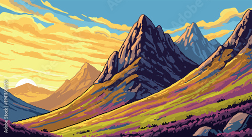 Vibrant pixel art mountain landscape with colorful sunrise