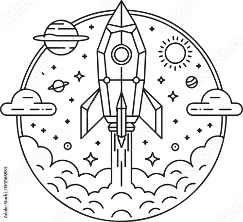 Rocket Launch Line Art Minimalist Space Illustration Vector Design
