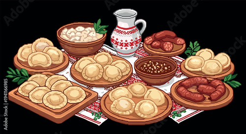 Traditional eastern european feast of dumplings and sausages in pixel art