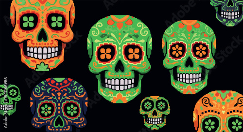Colorful dia de los muertos skulls with floral patterns on dark background