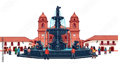 Historic plaza with central fountain and colonial architecture in vibrant urban scene