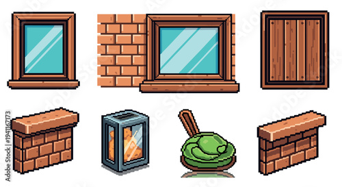 Pixel art architecture elements: windows, bricks, and lantern designs