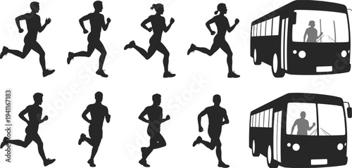 Running People Silhouettes and City Bus Transport Vector Illustration Collection